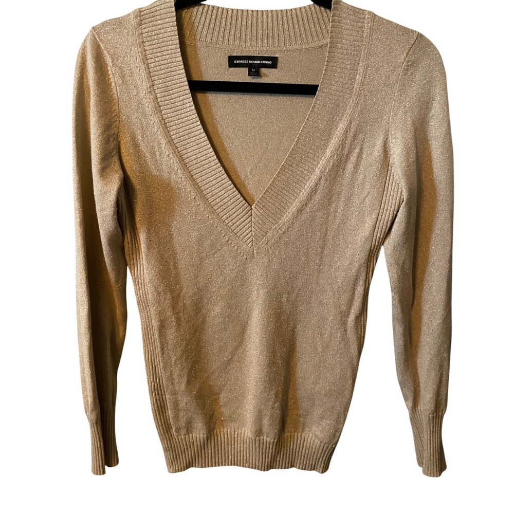 EXPRESS DESIGN STUDIO Women's Metallic‎ Knit V-Neck Sweater Top Gold Medium